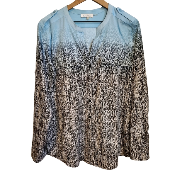 EUC Calvin Klein Ombre Mixed Pattern Utility Button Front Blouse - Picture 2 of 12